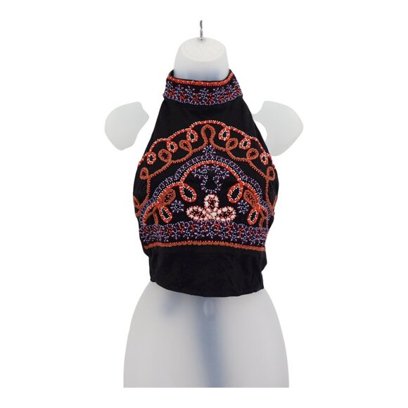 Free People Goa Embroidered Crop Top Black Size XS Tie Back Boho Halter Beaded - Picture 3 of 12